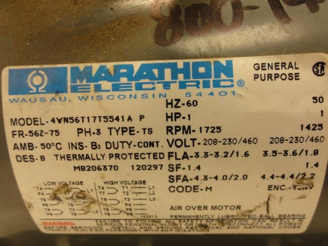 Marathon 4WN56T17T5541A; Motor; 1HP; 1725RPM; 3PH; 208/230/460V