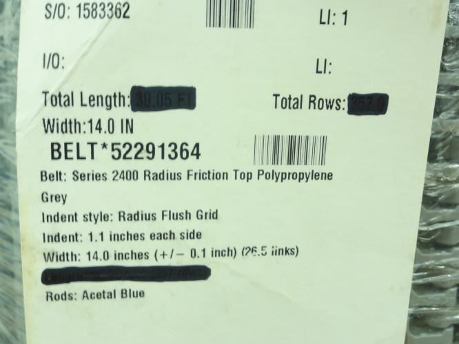 Intralox Series 2400; Conveyor Belt; 10.25Ft x 14"W