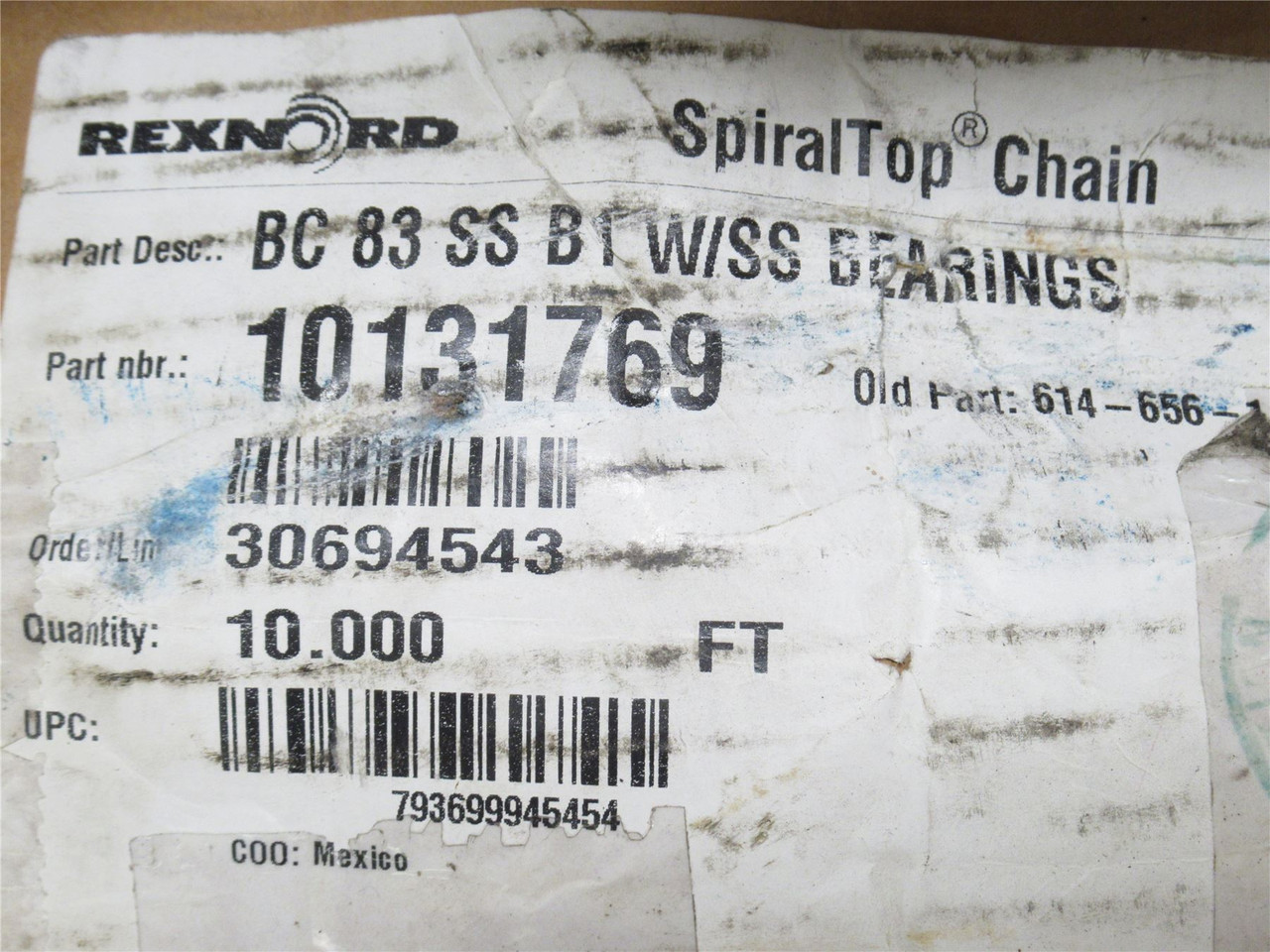 Rexnord BC83SSBIW/SS; Roller Chain 83 W/ SS Bearings; 10' Long