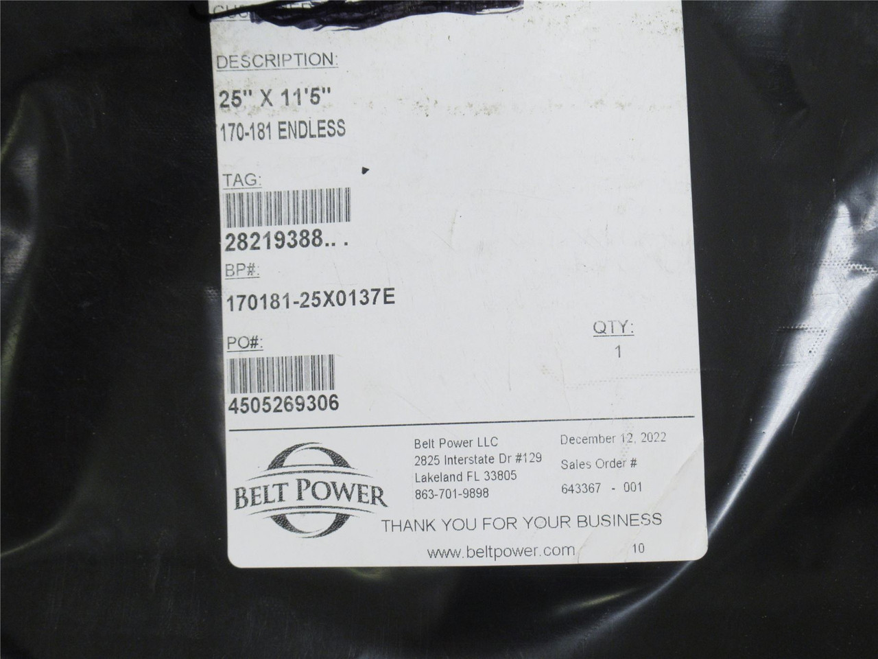 Belt Power 170181-25X0137E; Conveyor Belt; 25" Wide;11-1/2' L