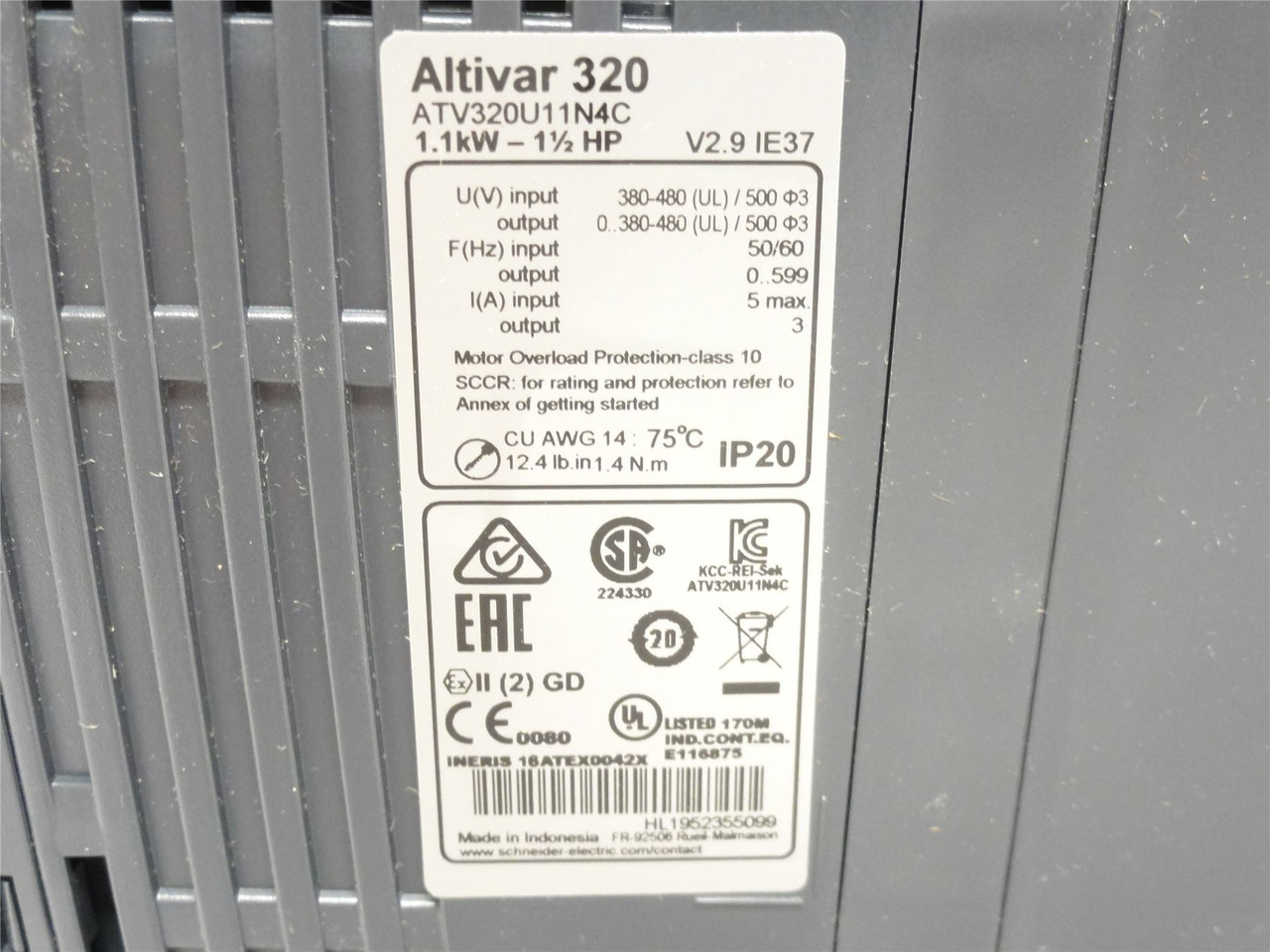 Schneider ATV320U11N4C; AC Drive 1.5HP 380-480VAC 3-Phase