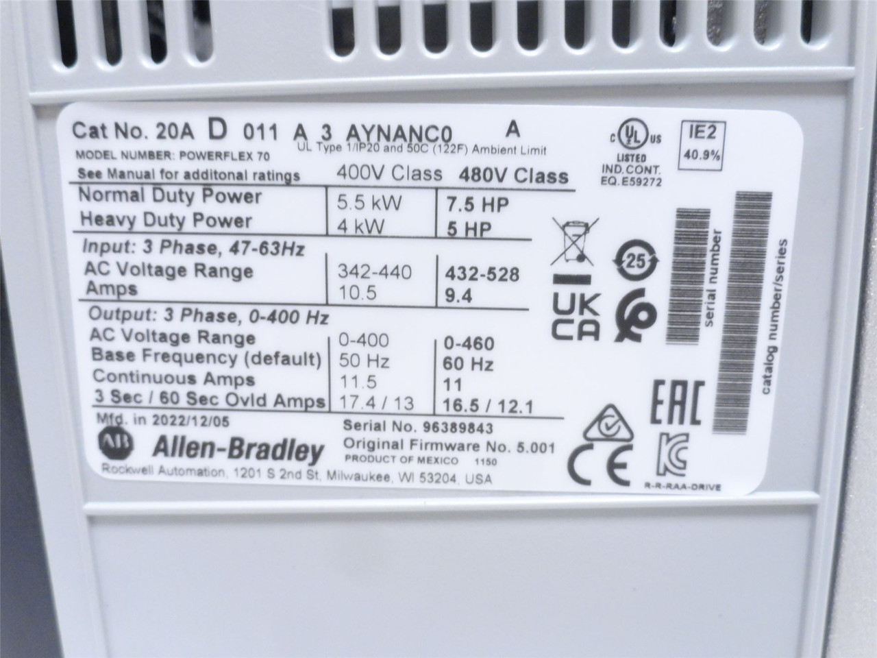 Allen-Bradley 20AD011A3AYNANCO; AC Drive 7.5Hp 480VAC 11A
