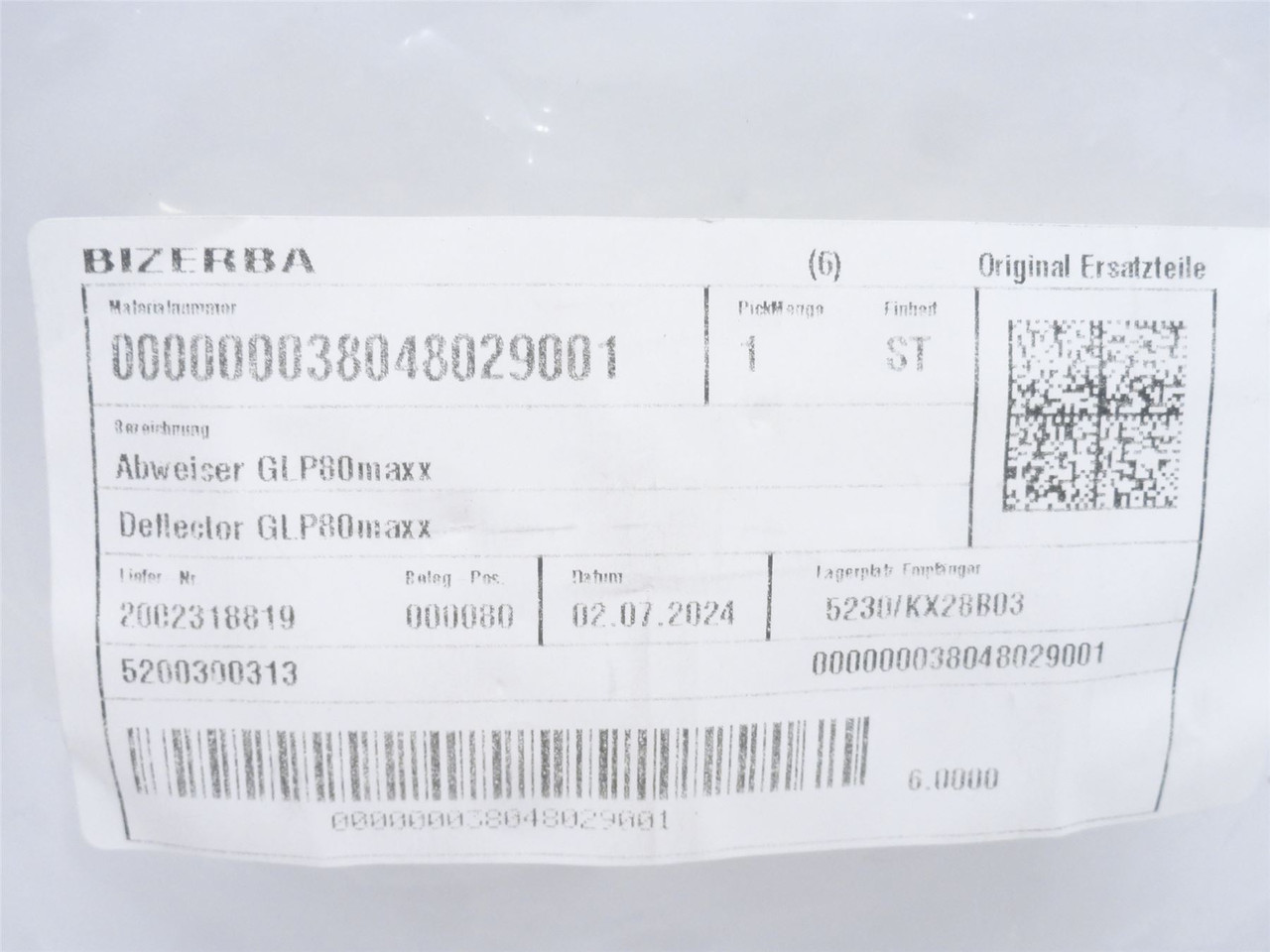 Bizerba 38048029000; Deflector Panel GLP80maxx