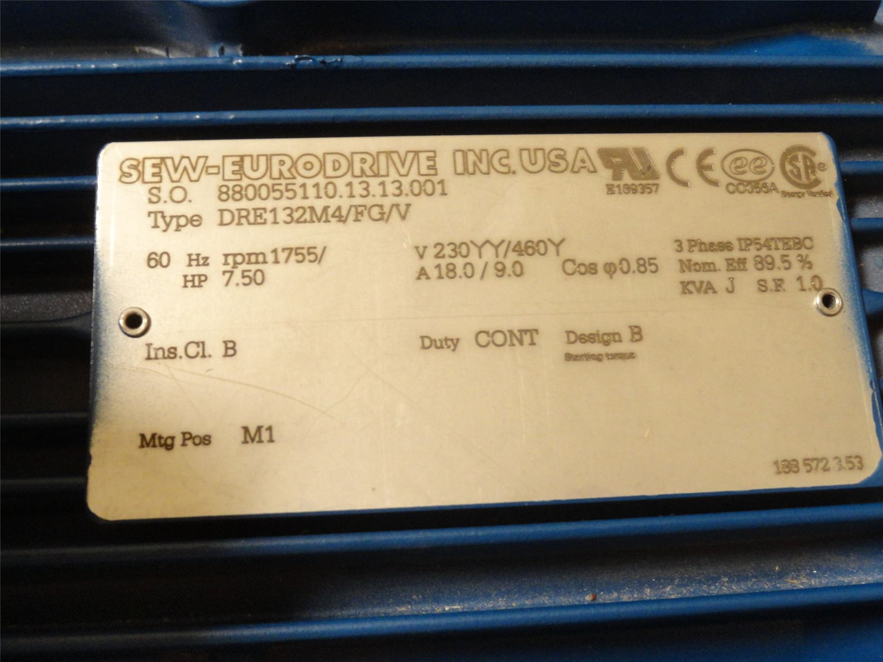 SEW DRE132M4/FG/V; AC Motor; 7-1/2HP; 230/460V; 1755RPM; 3PH