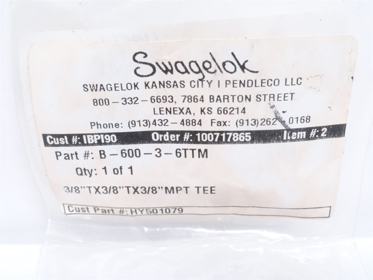 Swagelok B-600-3-6TTM; Compression Tee; 3/8" Tube x 3/8NPT