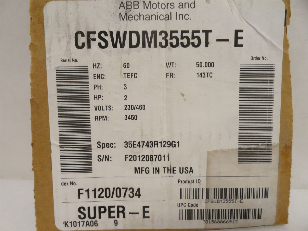 Baldor CFSWDM3555T-E; AC Motor SS; 2HP; 230/460V; 3450RPM; 3PH