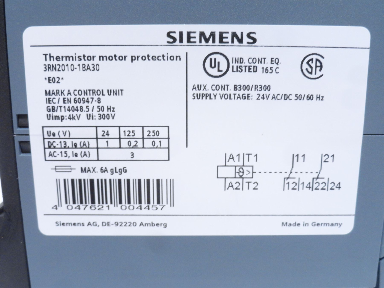 Siemens 3RN2010-1BA30; Protection Relay; 24VAC/DC; 1-NO; 1-NC