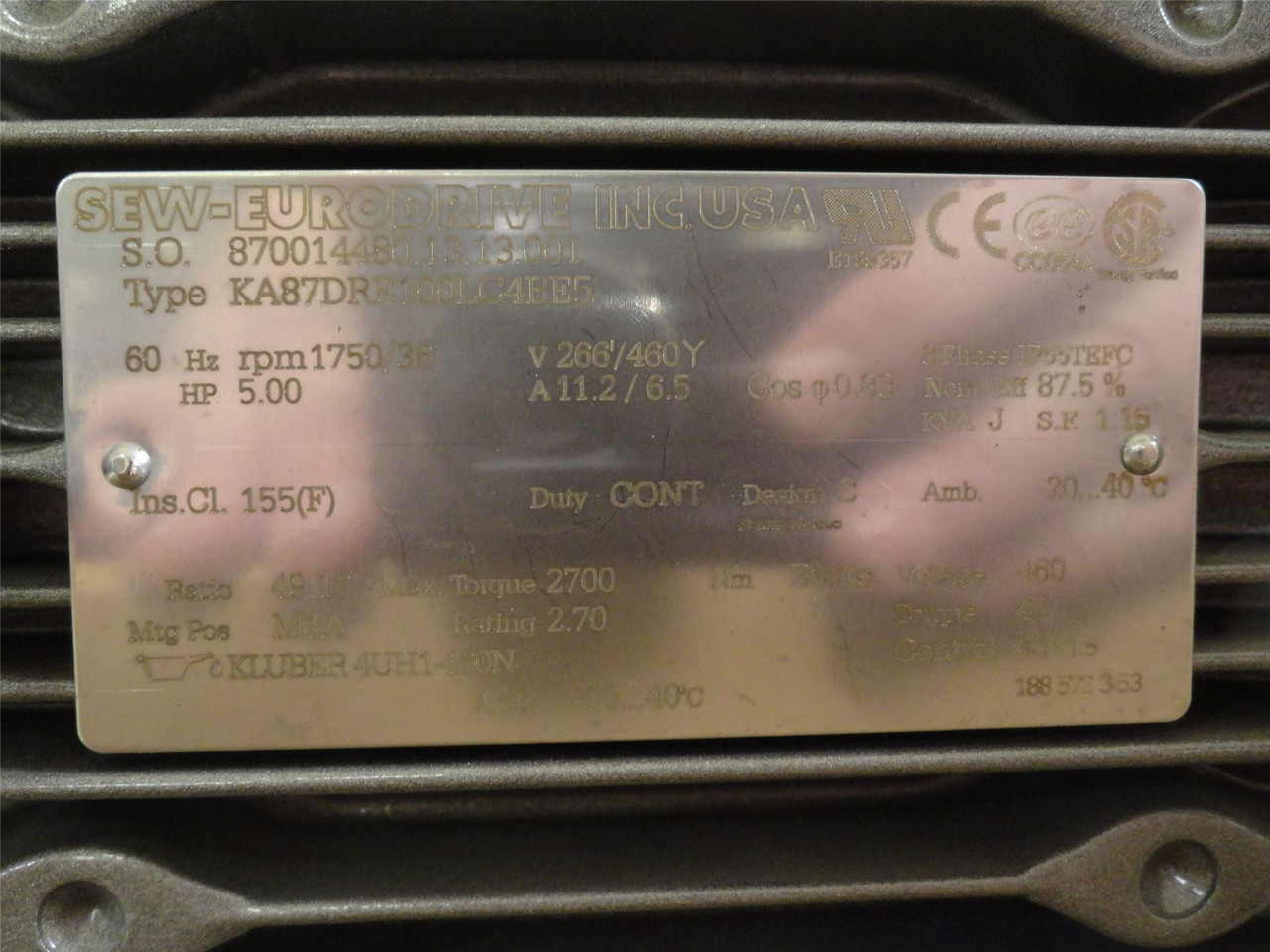 SEW KA87DRE100LC4BE5; Gearmotor; 49.16:1 Ratio; 5HP; 266/460V