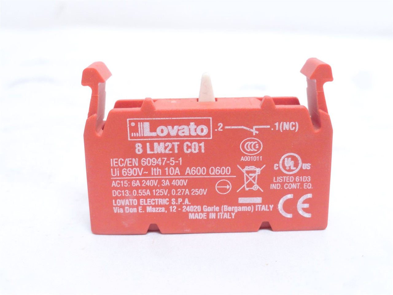 Lovato 8LM2TC01; Add-On Aux Contact 1-N/C; 10A; 600VAC