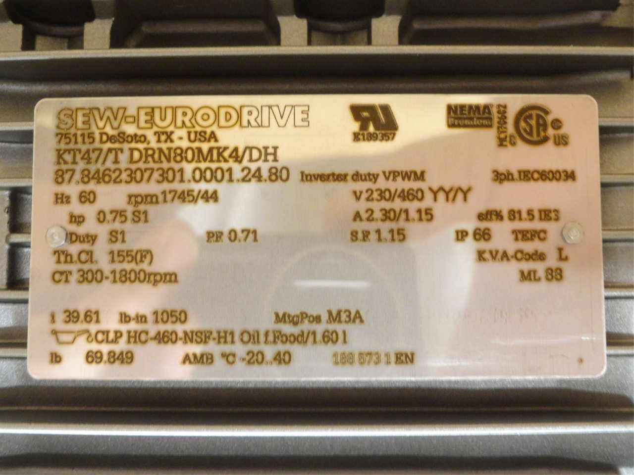 SEW KT47/TDRN80MK4/DH; AC Gearmotor; 39.61:1 Ratio; 3/4HP