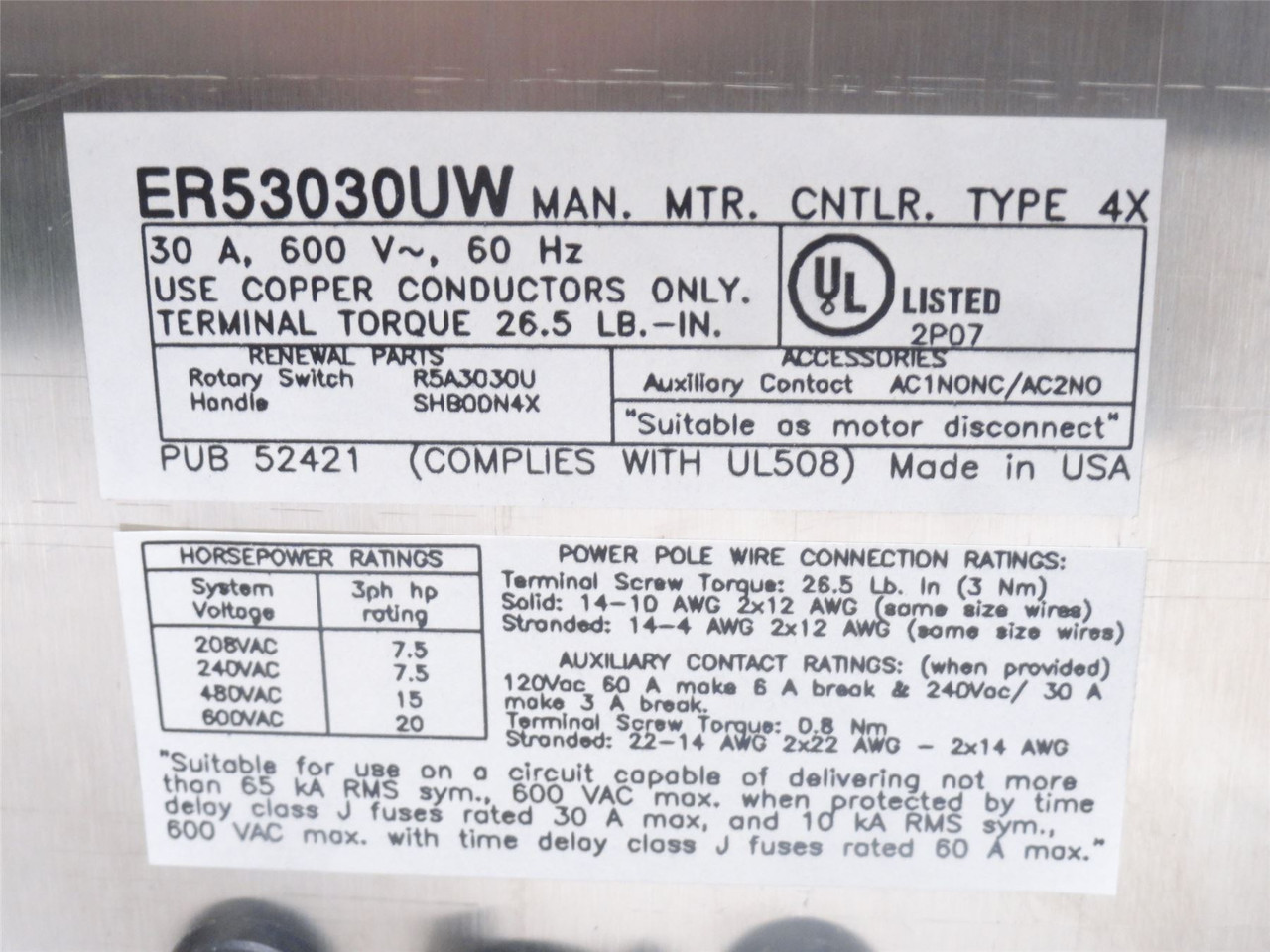 Eaton ER53030UW; Disconnect Switch; 30A; 600V; 3 Pole; Type 4