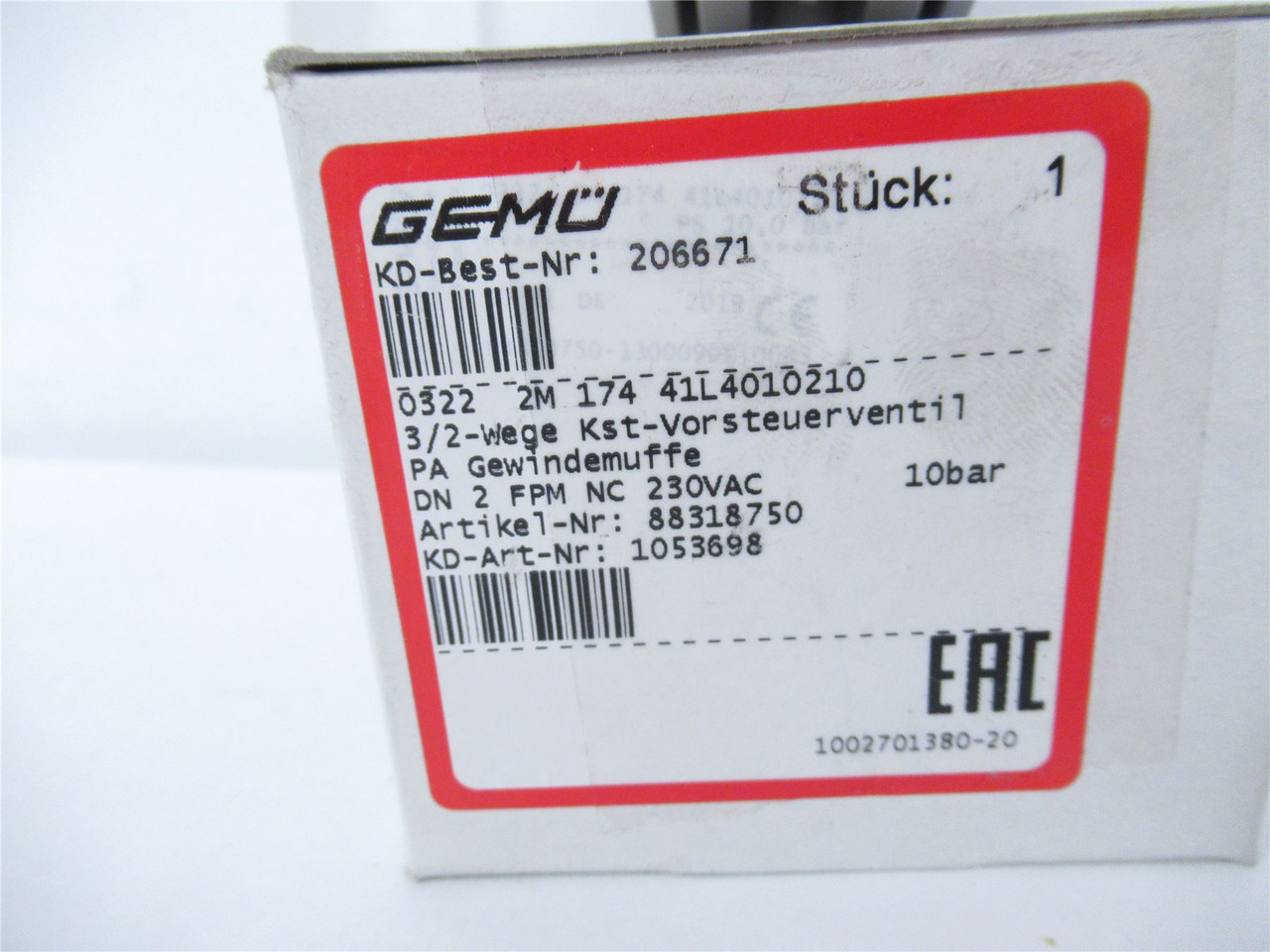 Gemu 322; Solenoid Valve 3/2 Way 230VAC 50/60Hz