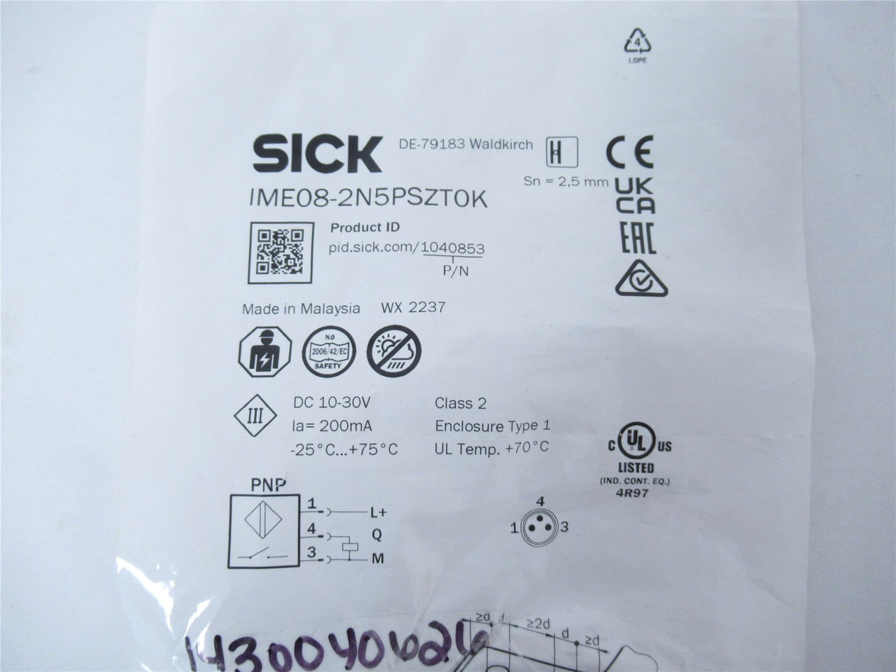 SICK IME08-2N5PSZT0K; Proximitty Sensor 10-30V 1a+200mA 2.5mm