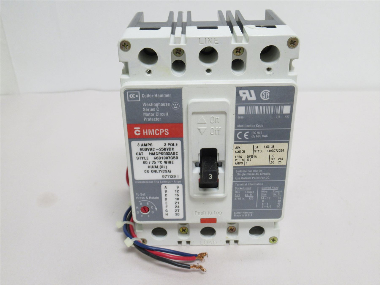 Cutler-Hammer HMCPS007C0; Motor Circuit Protector 3A; 600VAC