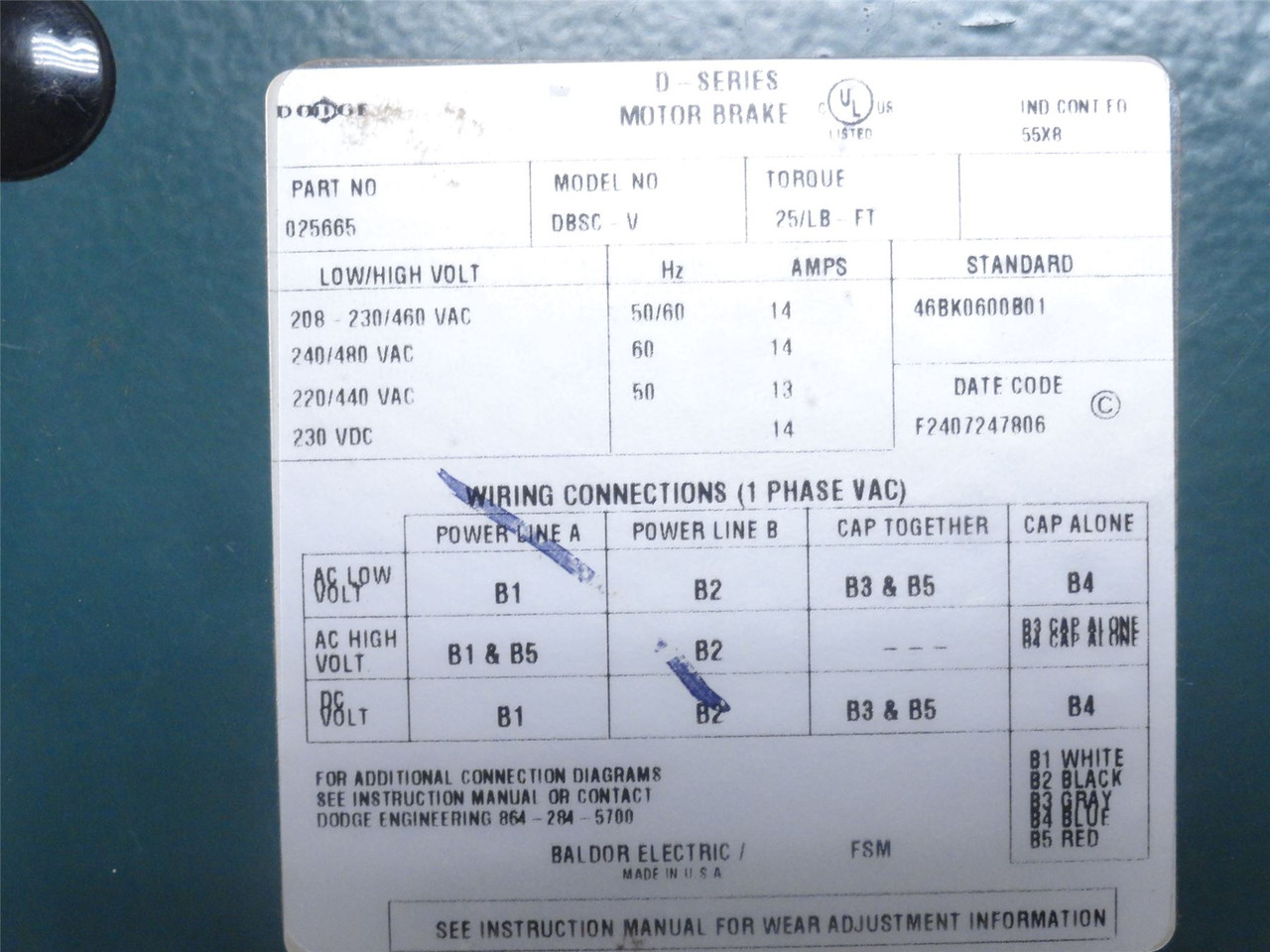Dodge 25665; Motor Brake; 208-230/460VAC; 14 Amps