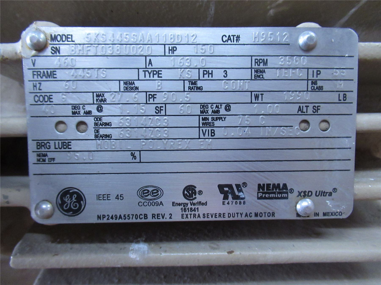 GE 5KS445SAA118D12; AC Motor M9512; 150HP; 460V; 3580RPM; 3PH