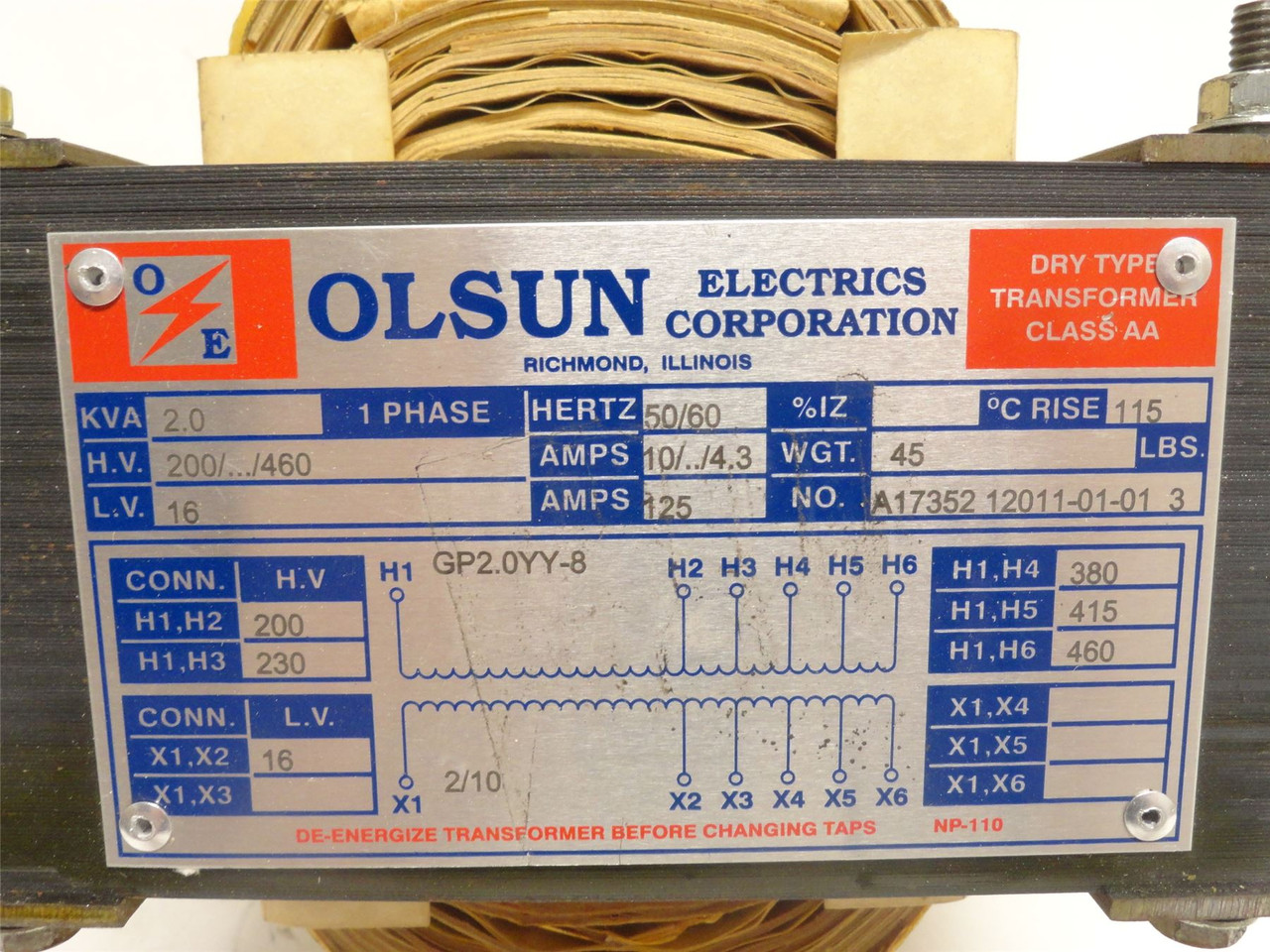 Olsun GP2.0YY-8; Transformer; 2kVA; 230/460VAC