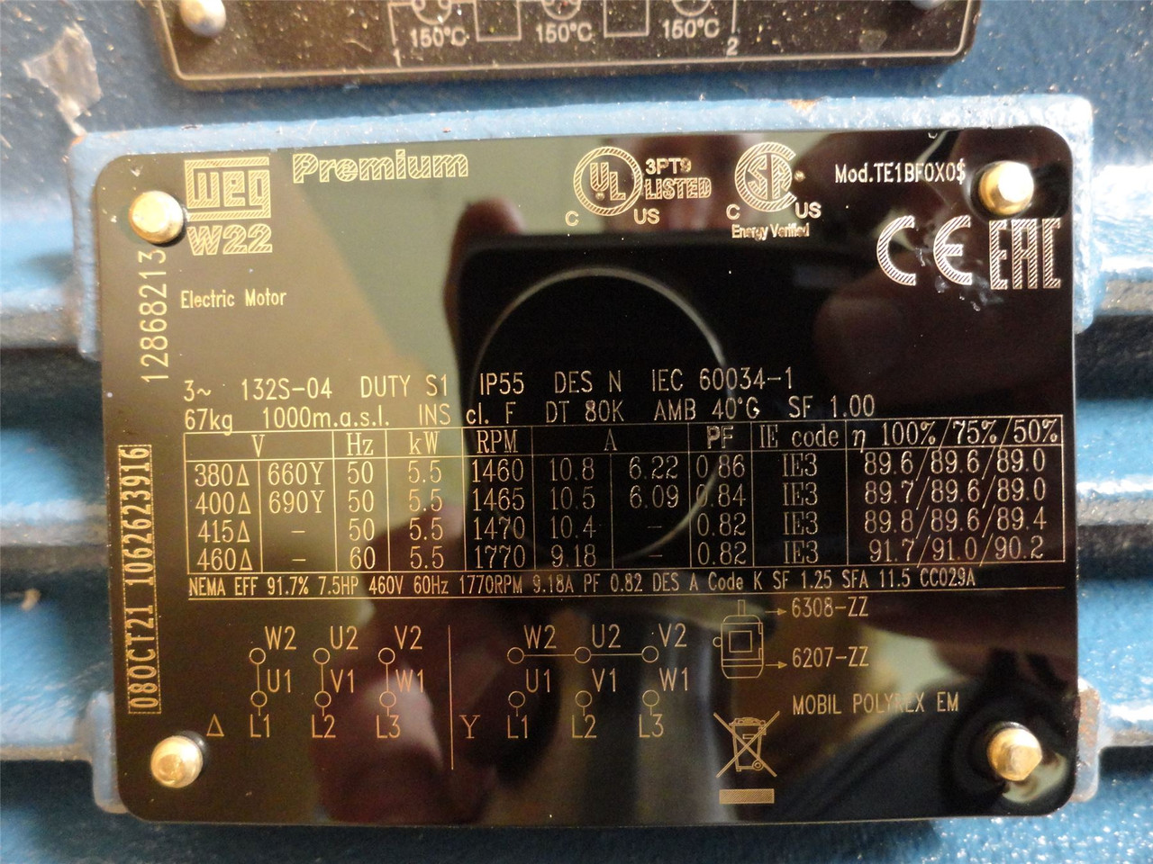 WEG TE1BF0X0; AC Motor; 7-1/2HP; 460V; 1770RPM; 3PH; 9.18A