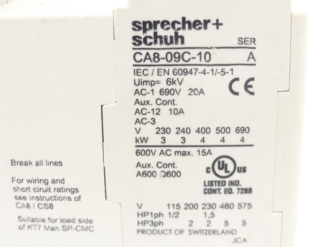 sprecher+schuh CA8-09C-10; Contactor; 9A; 3P 690VAC Coil 24VDC