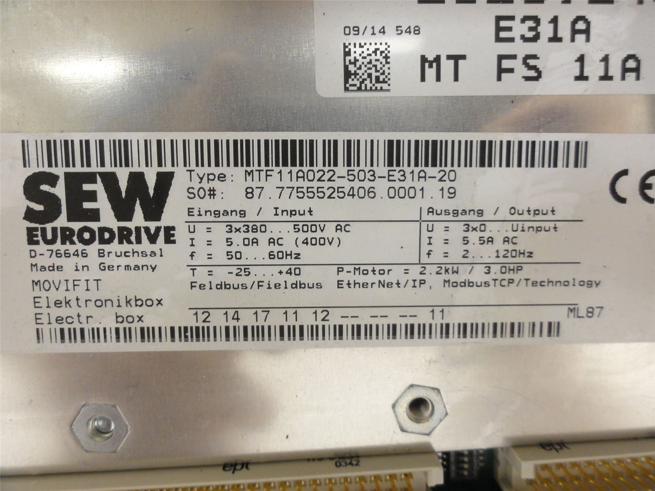 SEW MTF11A022-503-E31A-20; E-Box Inverter Drive; 3X380-500VAC