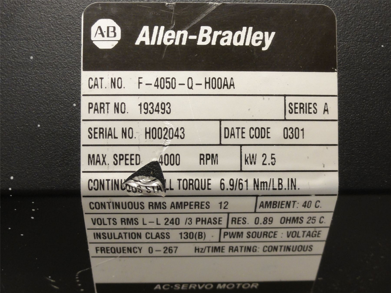 Allen-Bradley F-4050-Q-HOOAA; Servo-Motor; 2.5kW; 240VAC; 4000RPM