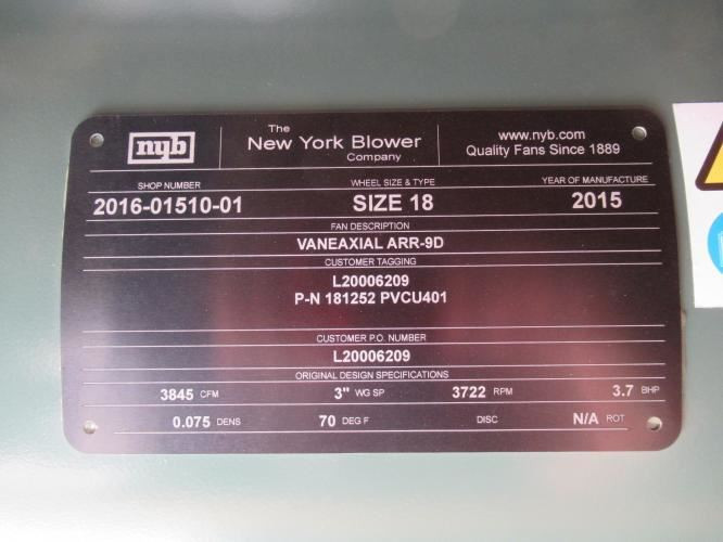 NYB 2016-01510-01; Vaneaxial ARR-9D; Size:18"; 5Hp; 3722RPM