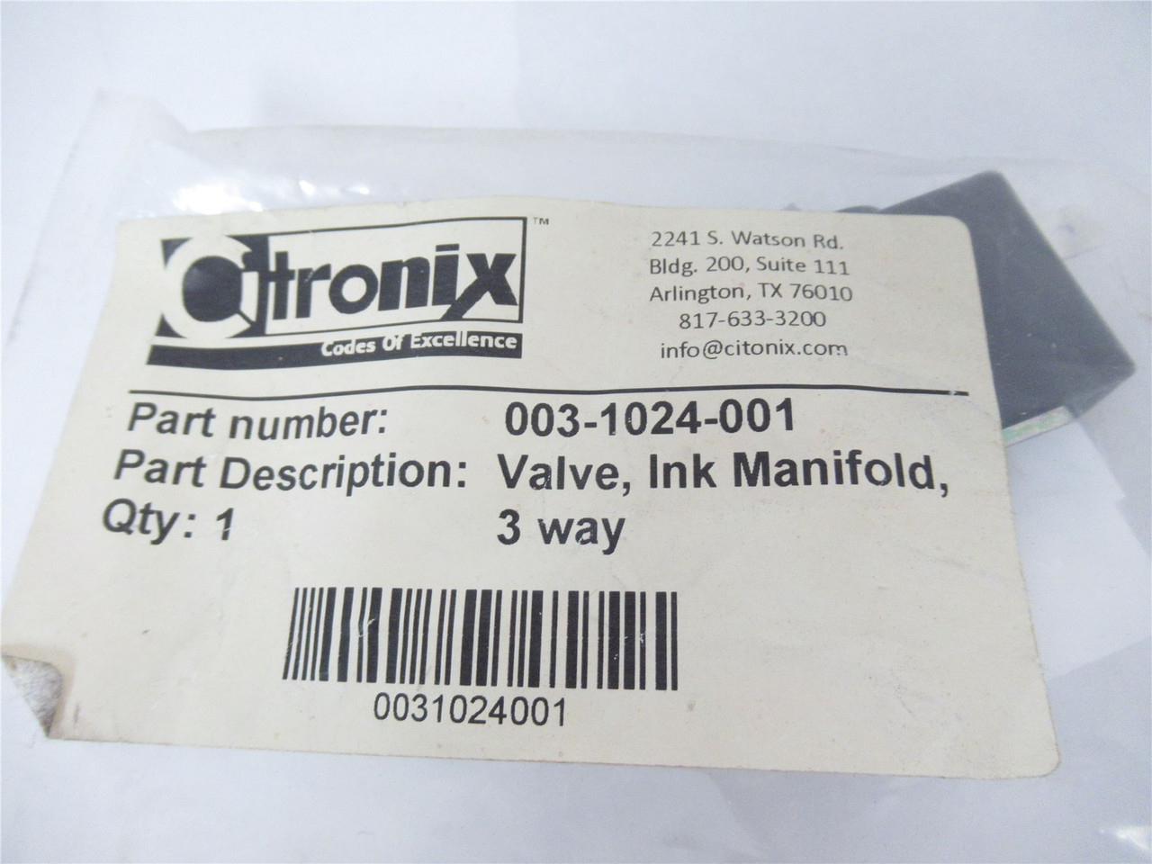 Citronix 003-1024-001; Valve Ink Manifold 3 way