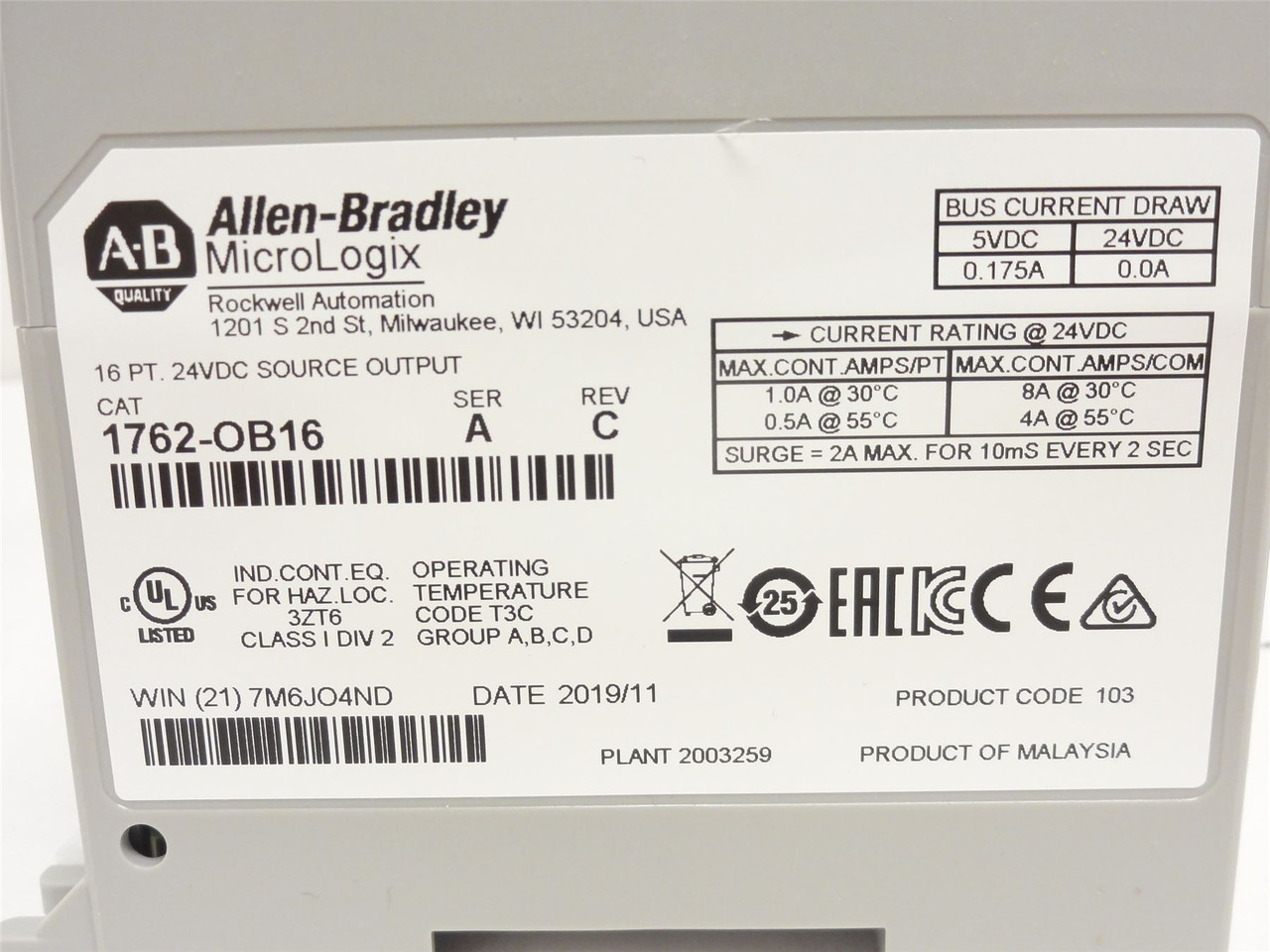 Allen-Bradley 1762-OB16; MicroLogix 16Pt 24VDC Source Output