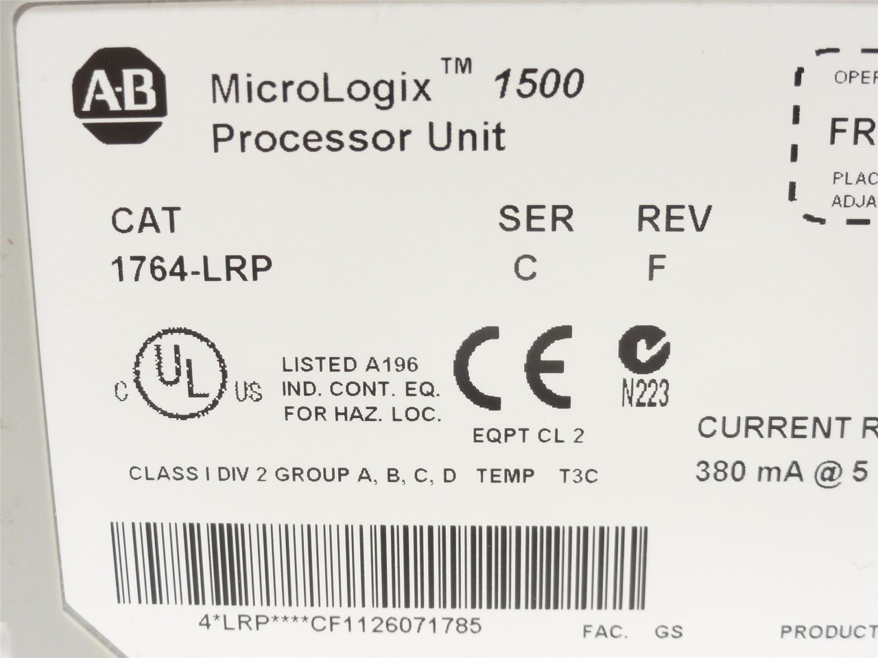 Allen-Bradley 1764-LRP; Processor Unit; 5VDC; 14KB Memory