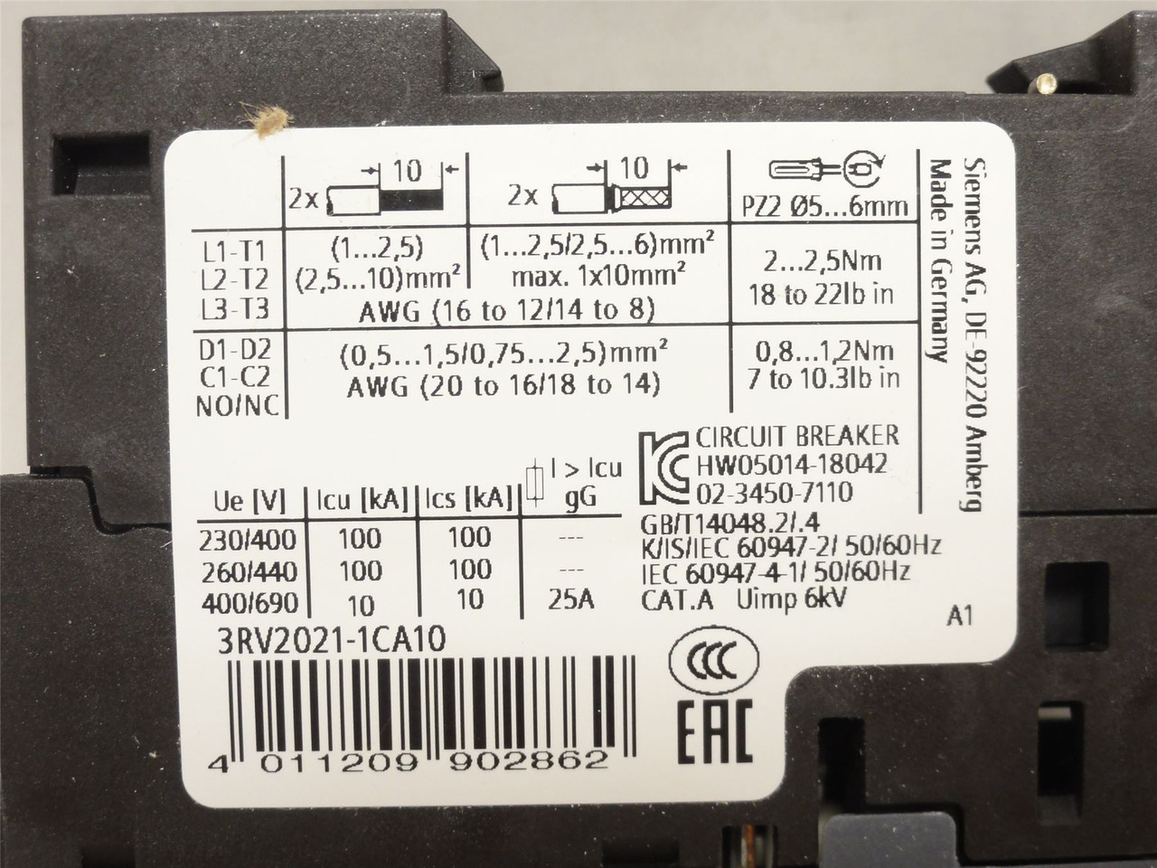 Siemens 3RV2021-1CA10; Motor Protector; 2.2-1.8A; 3P; 600VAC