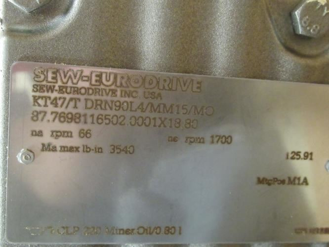 SEW KT47/DRN90L4/MM15/MO; Gear Motor 25.91:1 Ratio; 380-500V