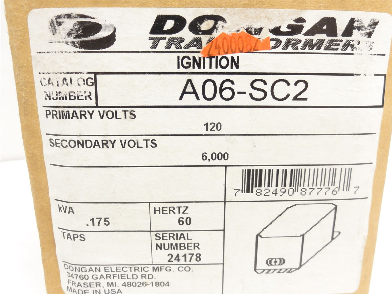Dongan A06-SC2;  Ignition Transformer .175kVA  120VAC Primary