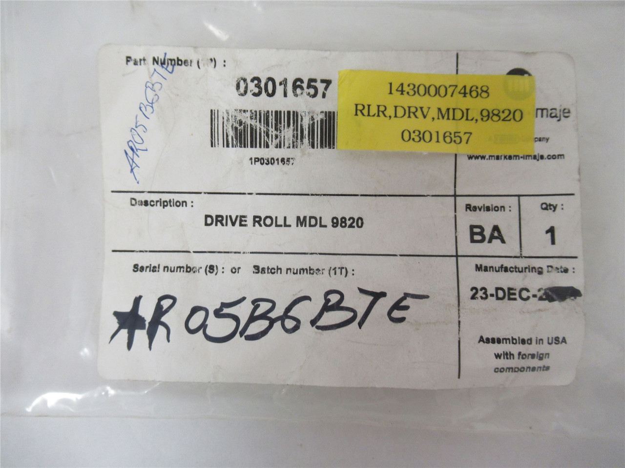 Markem 301657; Drive Roll Model 9820