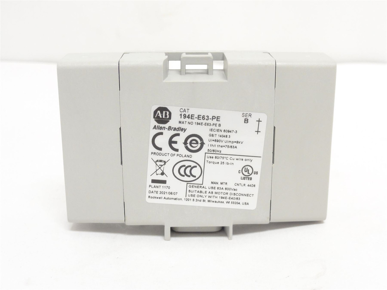 Allen-Bradley 194E-E63-PE; Grounding Terminal; 40/63A; 690VAC