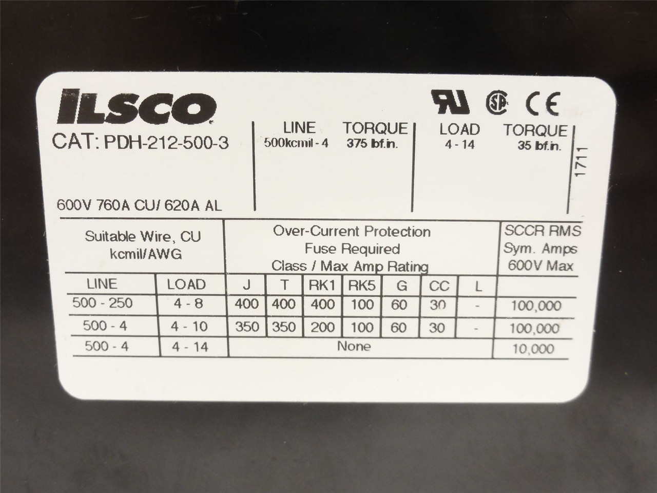 Ilsco PDH-212-500-3; Power Distribution Block; 760A 3P 600VAC