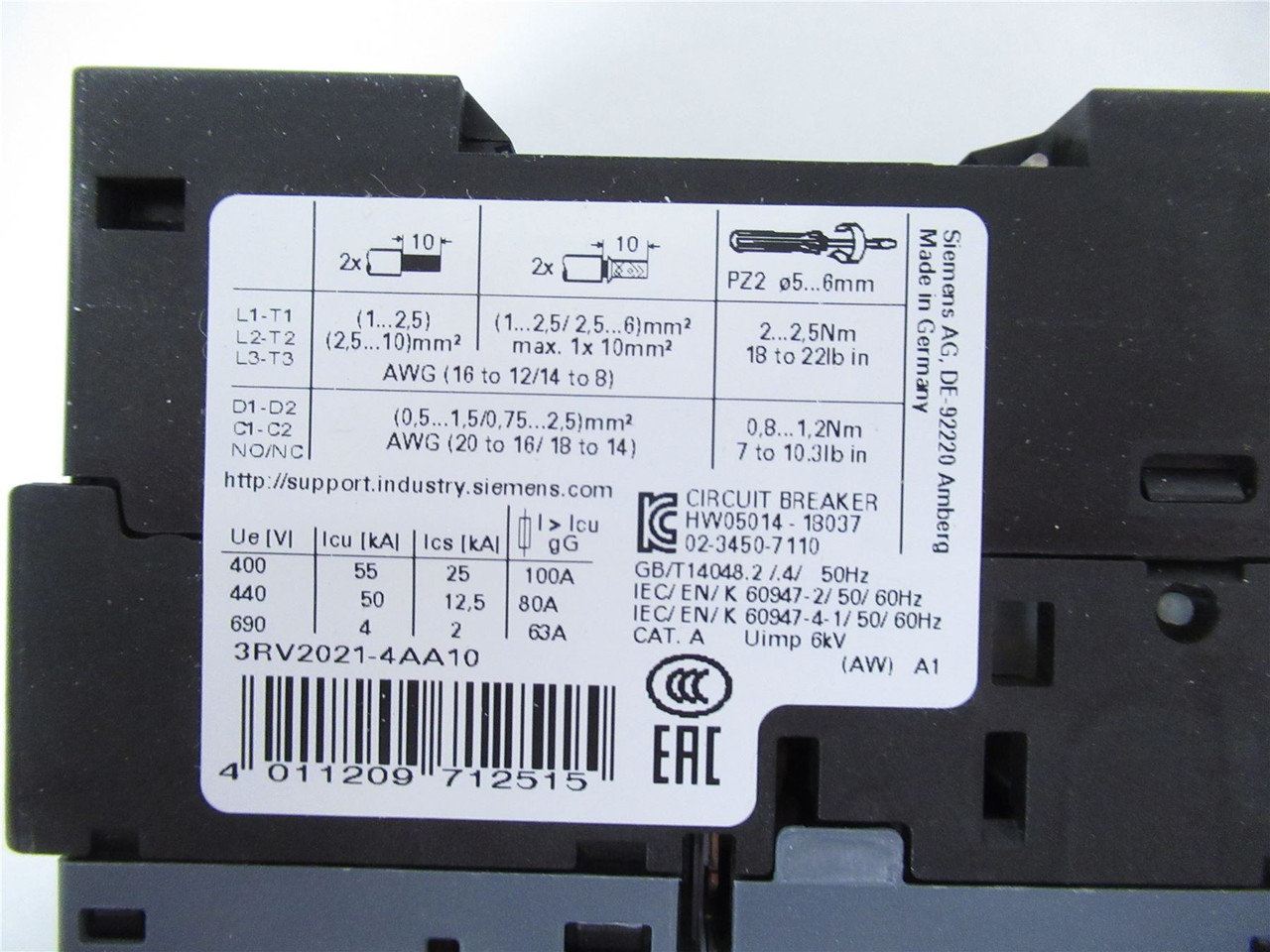 Siemens 3RV2021-4AA10; Manual Starter 10-16Amp; 3-pole