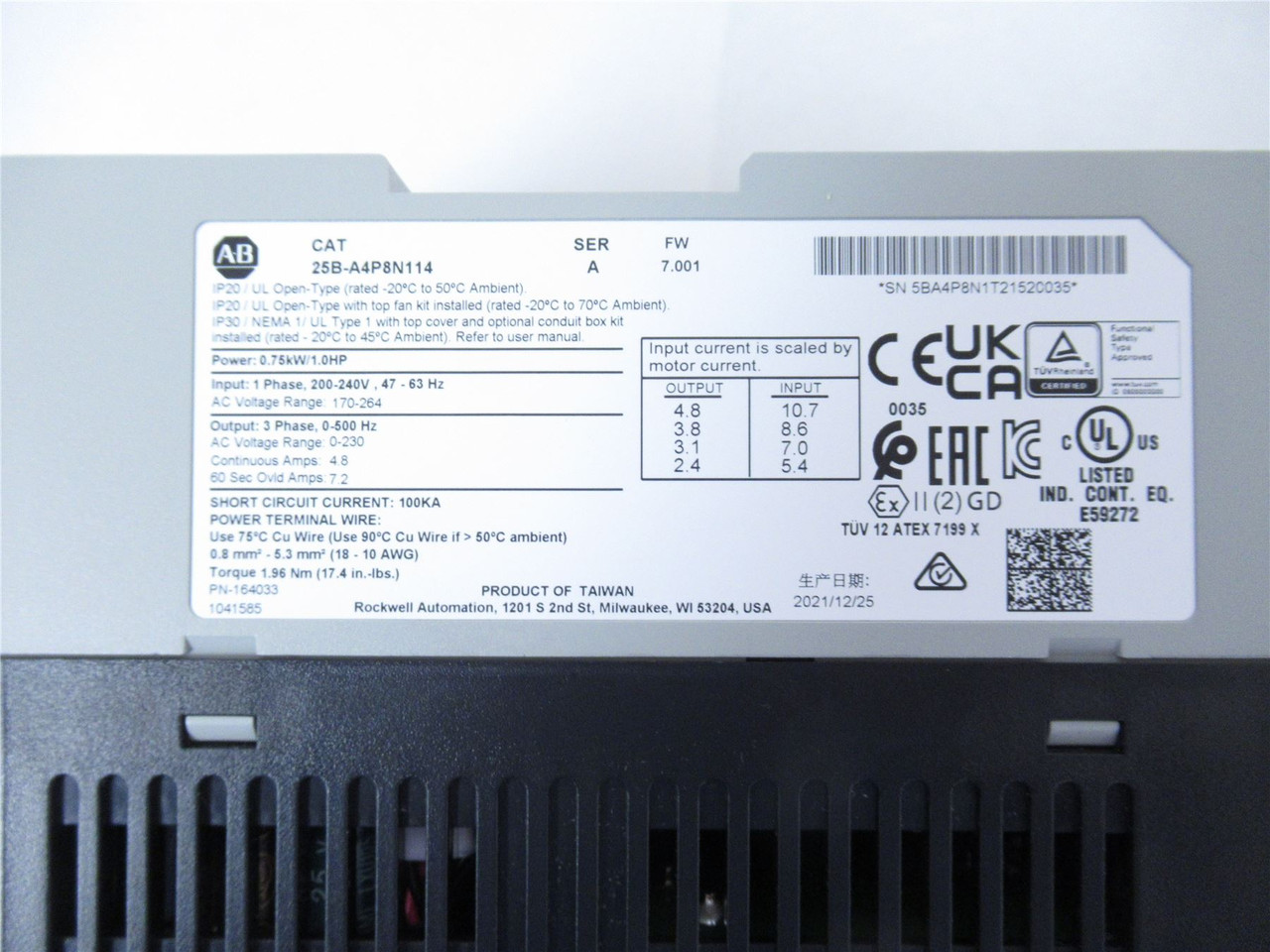 Allen-Bradley 25BA4P8N114; AC Drive 1HP 240V IN 1-ph OUT 3-ph
