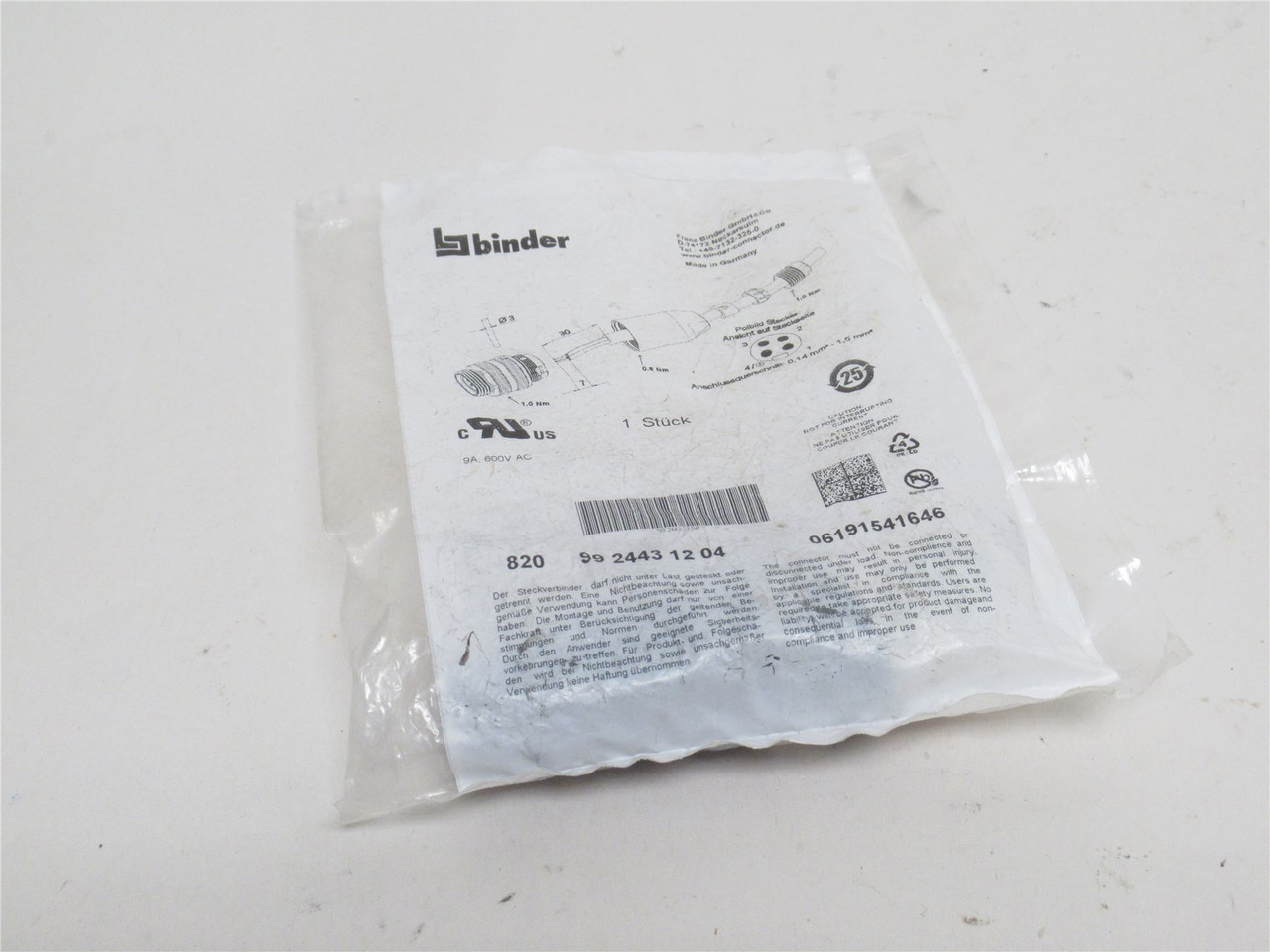 Binder 99-2443-12-04; Male Connector Cable; 3+PE; 6.0-8.0mm