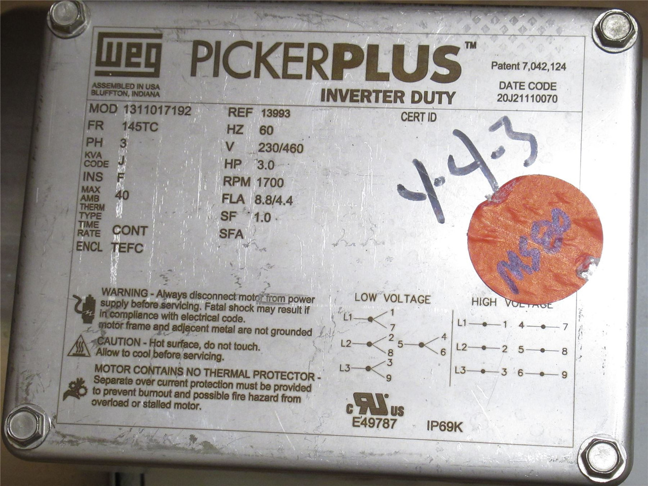WEG 1311017192; AC Motor; 3HP; 230/460V; 1700RPM; 3PH