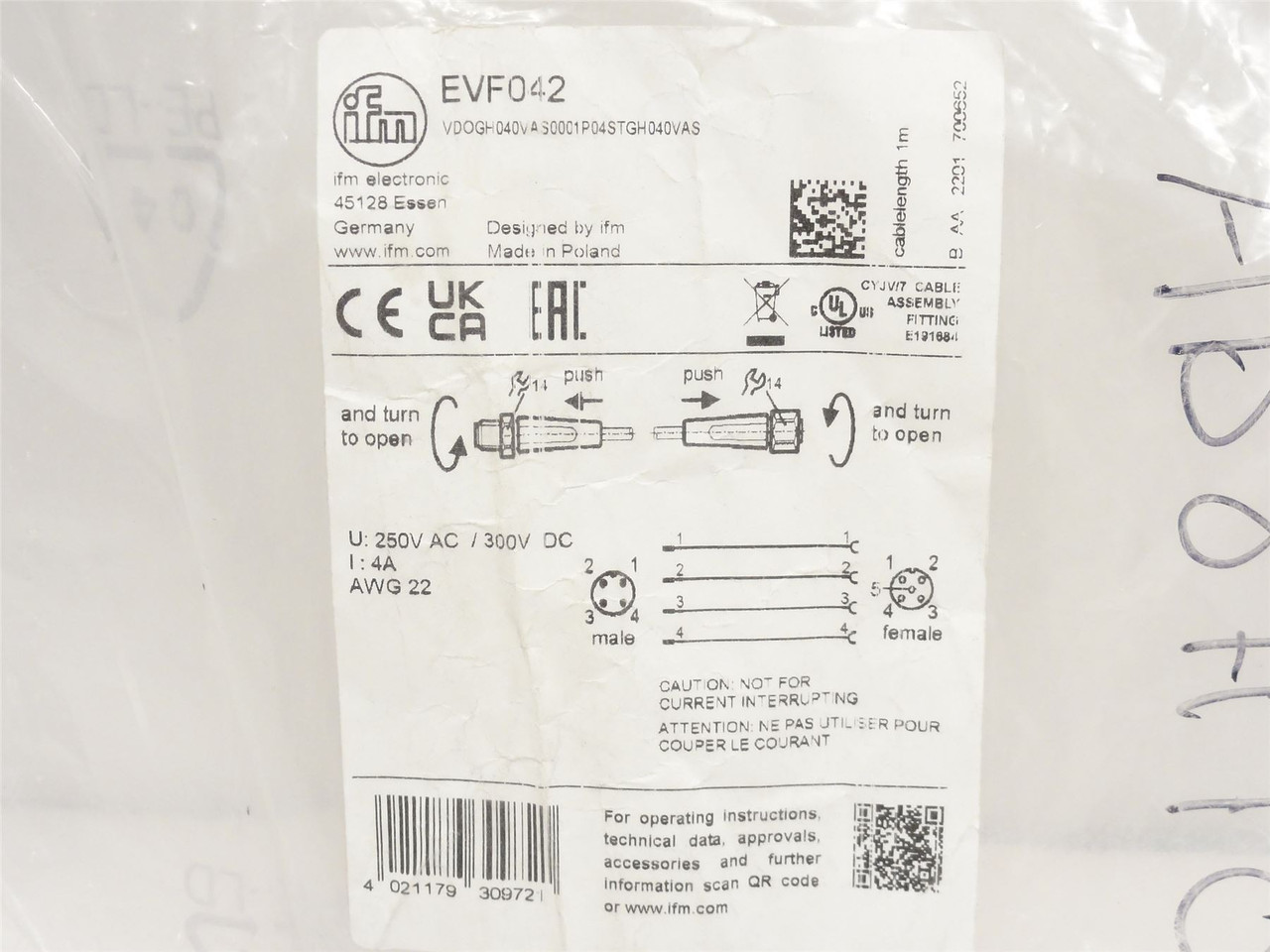 ifm EVF042; Connection Cable; 4A; 250VAC/300VDC; AWG22