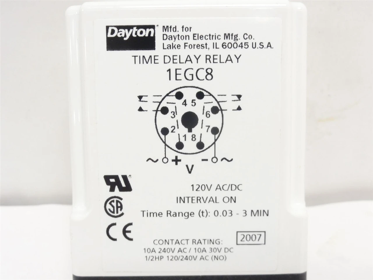 Dayton 1EGC8; Time Delay Relay 10A; 120VAC/DC; 1.8s-3m; 8-Pin