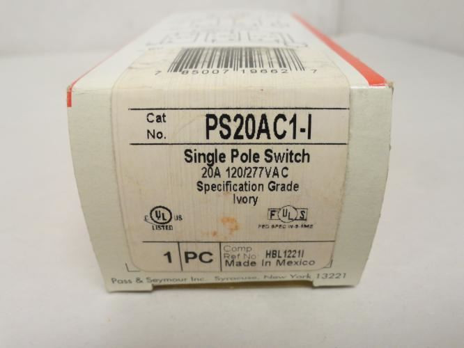 Pass&Seymour PS20AC1-I; Toggle Wall Switch; 20A;120/277VAC; 1P