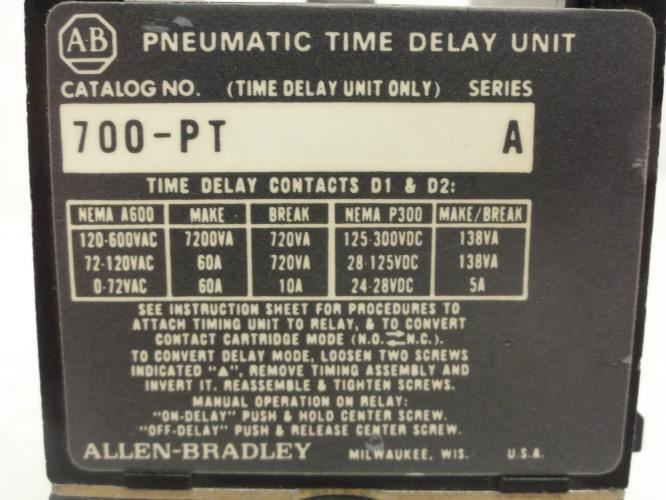 Allen-Bradley 700-PT; Pnuematic Time Delay Unit; 10A; Ser: A