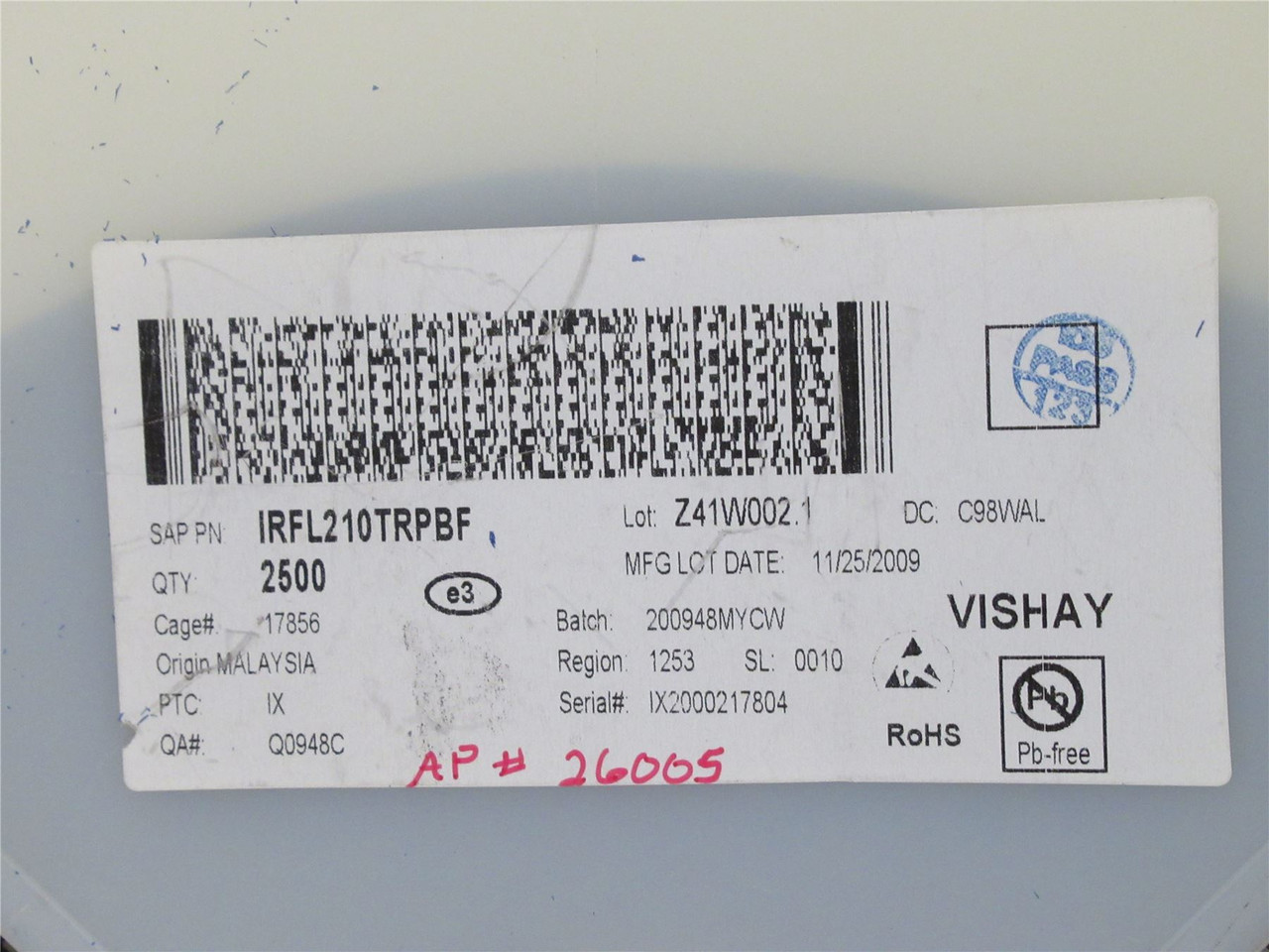 Vishay IRFL210TRPBF; Lot-1500 N-Chan MOSFET; 200V; 0.96A