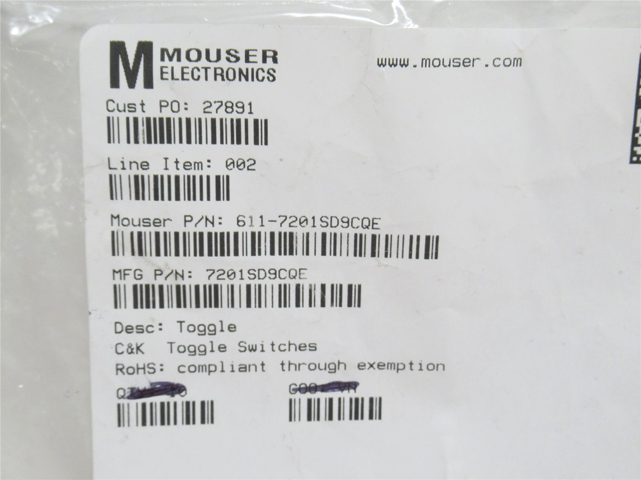 C&K 7201SD9CQE; Toggle Switch; DPDT; 5A; 125VAC/28VDC