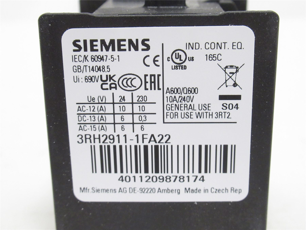 Siemens 3RH2911-1FA22; Auxiliary Contact Block; 10A; 600VAC
