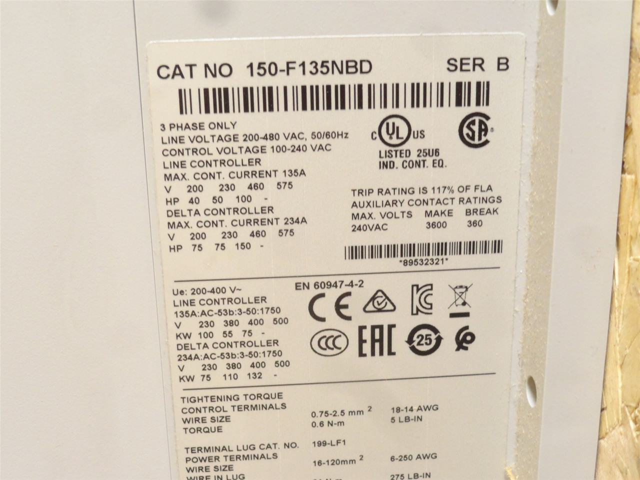 Allen-Bradley 150-F135NBD; Motor Controller; 135A; 200-480VAC