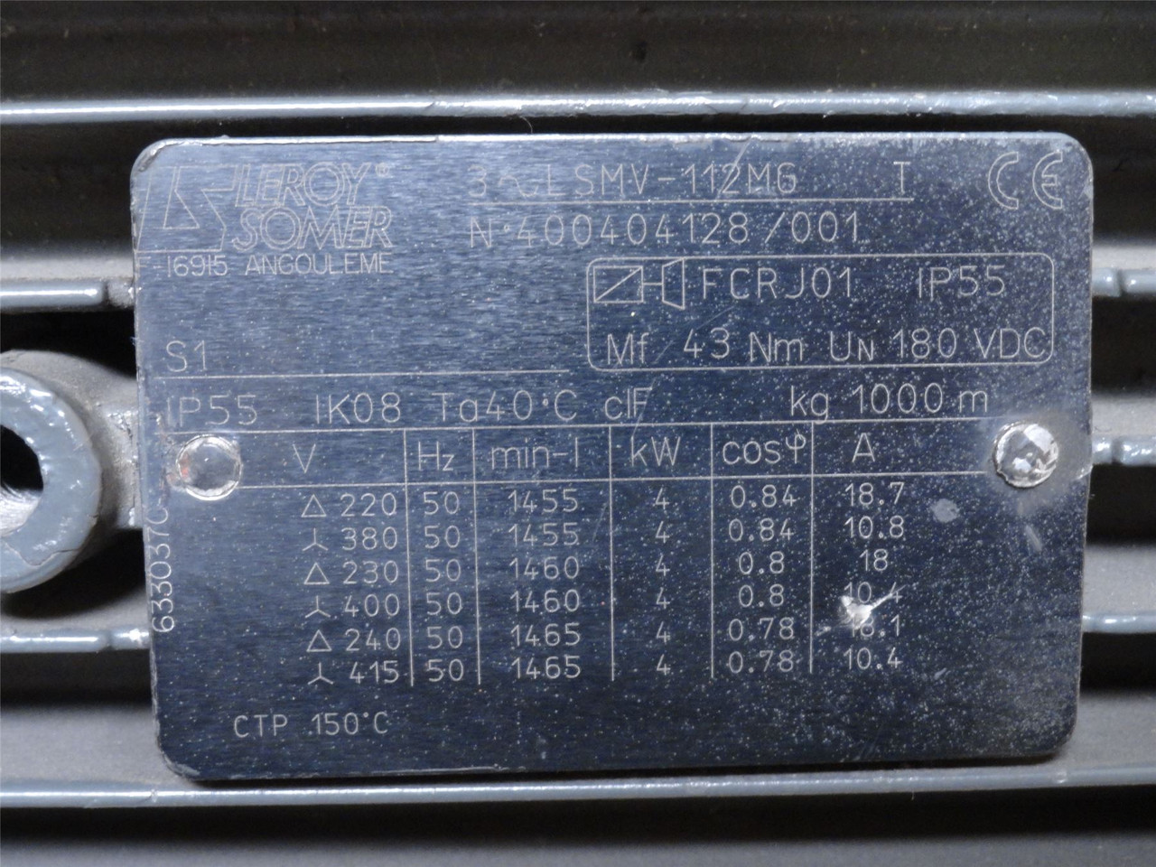 Leroy-Somer LSMV-112MG; Rebuilt AC Brake Motor 4kW 230/400V 1460RPM