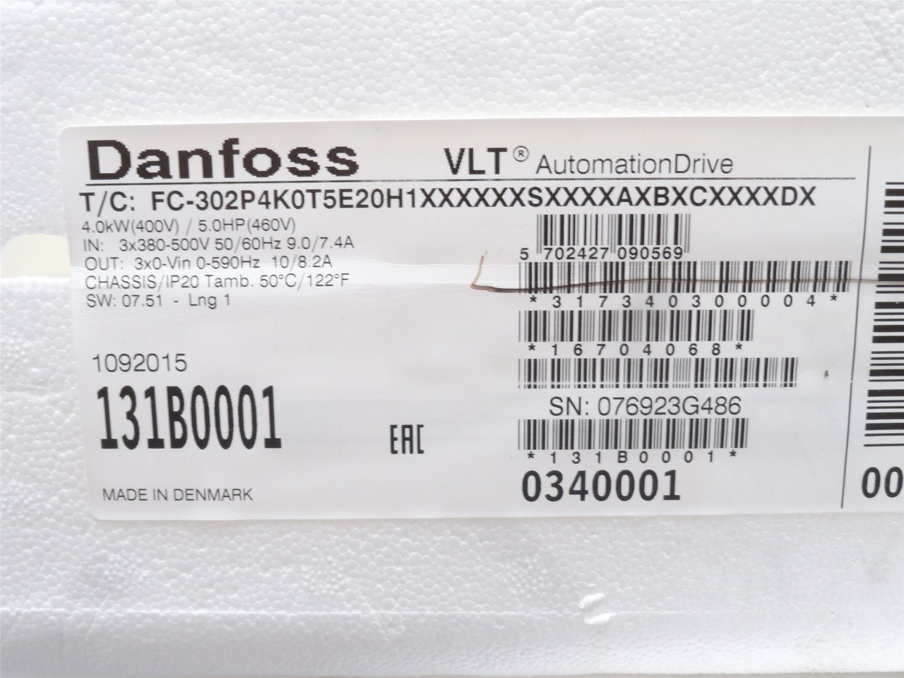 Danfoss 131B0001; Frequency Converter; 4kW/5HP; 380-500VAC In