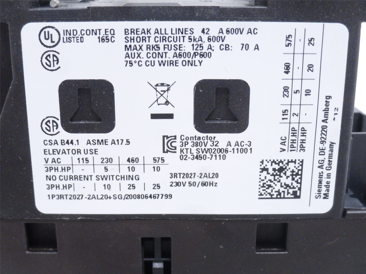 Siemens 3RT2027-2AL20; Contactor 32A; 690VAC; Coil: 230VAC